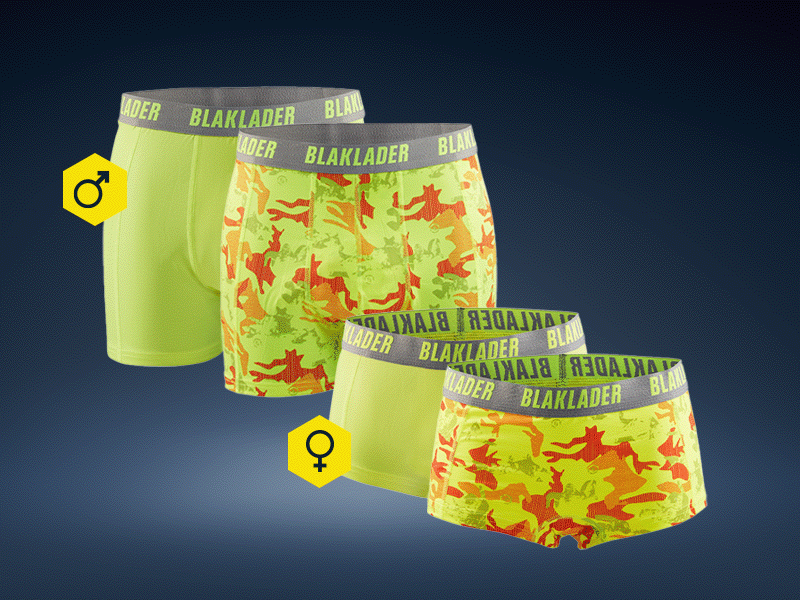 A picture of Blåkläder's yellow and camouflage yellow boxer shorts & women's hipsters