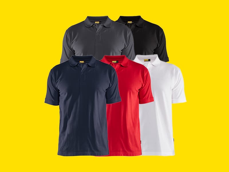 A picture of all colors you can get this Blåkläder polo shirt in. There is grey, black, navy blue, red and white.