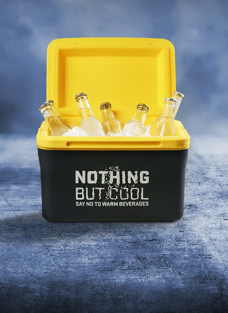 A black and yellow Blåkläder cooler box with the text "Nothing but cool" on it