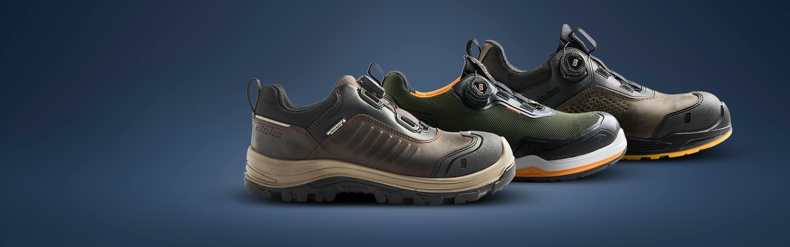 Durable Blåkläder safety shoes in three styles, featuring rugged soles, reinforced toe protection, and BOA® fit systems—built for all-day performance in demanding work environments.